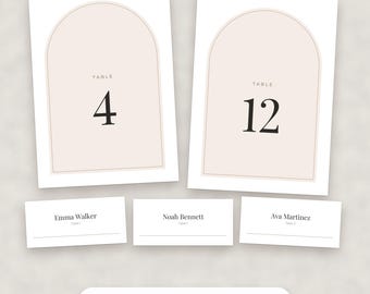 Moderne minimalistische tafelnummers 1-30 en naamkaartjes voor een bruiloft, bewerkbaar PDF-sjabloon.