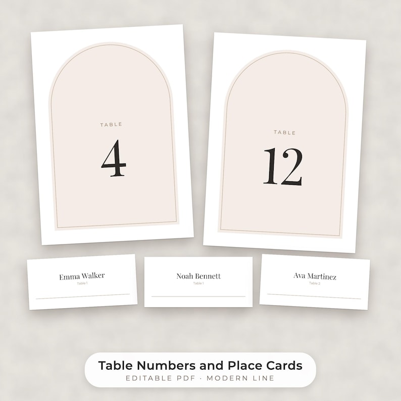 Modern Minimalist Wedding Table Numbers 1-30 and Place Cards, Editable PDF Template image 1