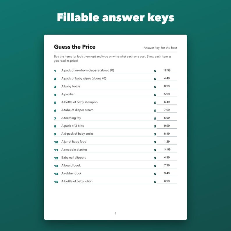 Guess the Price Baby Shower Game Printable with Fillable Answer Key, 15 Items image 4