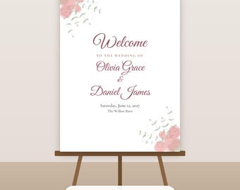 Welkomstbord voor een bruiloft met aquarel bloemen, bewerkbaar PDF-poster (18x24 inch).