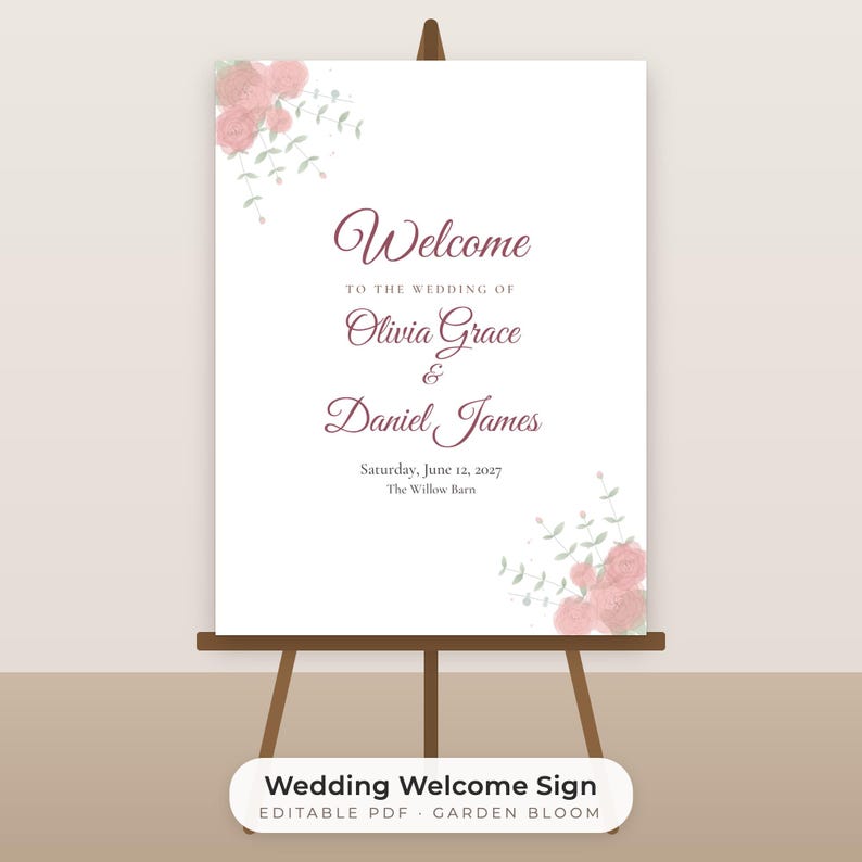 Watercolor Floral Wedding Welcome Sign Template, Editable 18x24 PDF Poster image 1