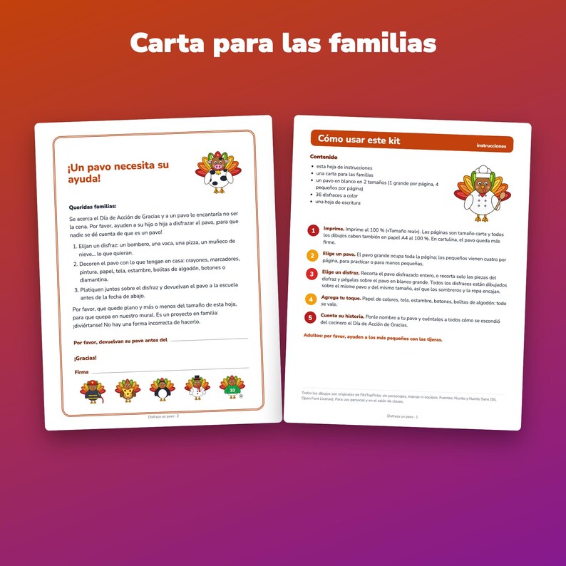 Disfraza un pavo imprimible, 36 disfraces, carta para familias, Spanish Turkey Disguise image 4