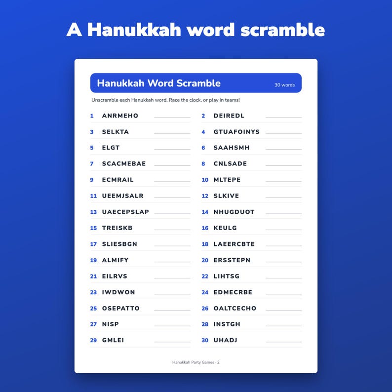 Hanukkah Party Games Printable for Family, Trivia, Dreidel Score Sheet and Word Scramble image 2