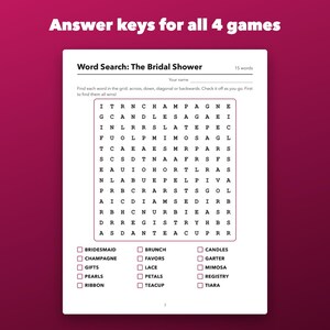 Juegos imprimibles de búsqueda de palabras y sopa de letras para despedida de soltera con claves de respuestas. imagen 4