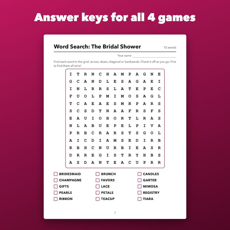 Juegos imprimibles de búsqueda de palabras y sopa de letras para despedida de soltera con claves de respuestas. imagen 4