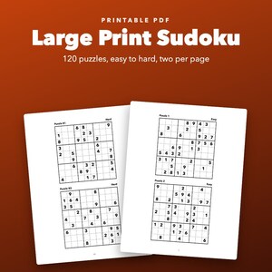 Sudoku imprimible en letra grande para personas mayores, 120 rompecabezas de dificultad fácil a difícil. imagen 1