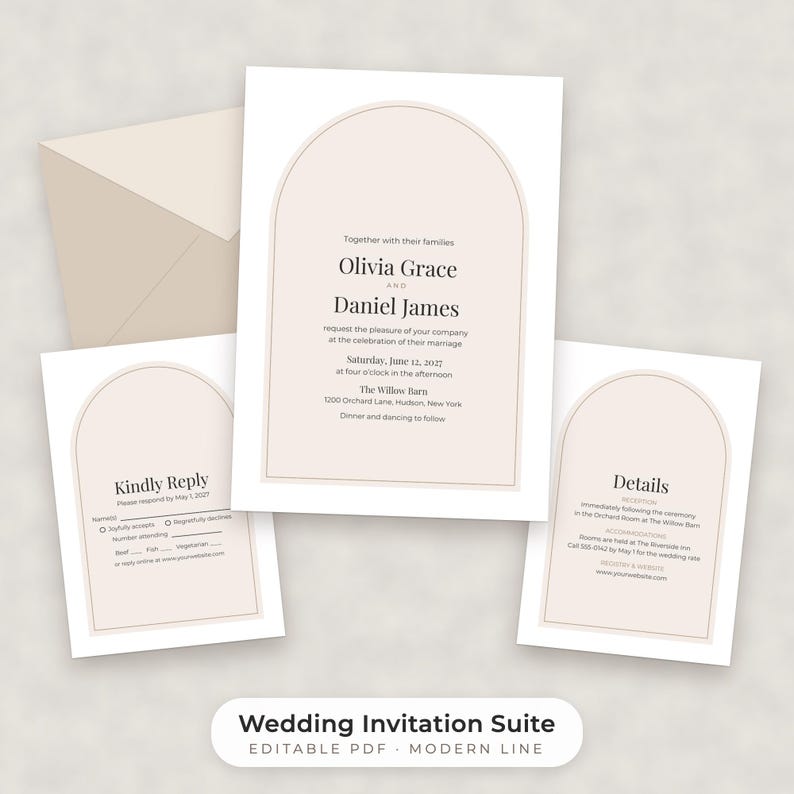 Modern Minimalist Wedding Invitation Suite Template, Editable Reply and Details Cards image 1