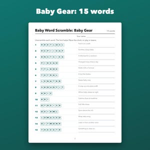 Baby Shower Word Scramble Game Printable, 30 Puzzles with Hints and Answer Key image 2