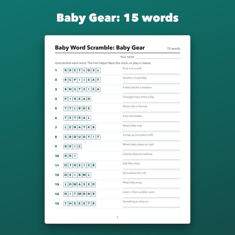 Baby Shower Word Scramble Game Printable, 30 Puzzles with Hints and Answer Key image 2