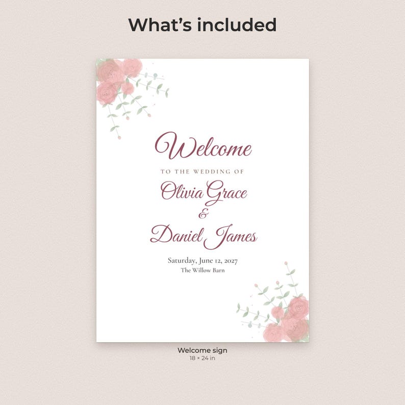 Watercolor Floral Wedding Welcome Sign Template, Editable 18x24 PDF Poster image 2
