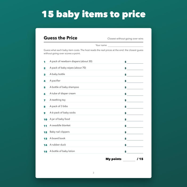 Guess the Price Baby Shower Game Printable with Fillable Answer Key, 15 Items image 2