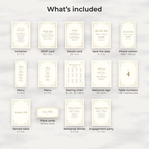 Paquete de plantillas clásicas doradas para bodas, invitación editable, menú, plano de mesas, letreros imagen 2