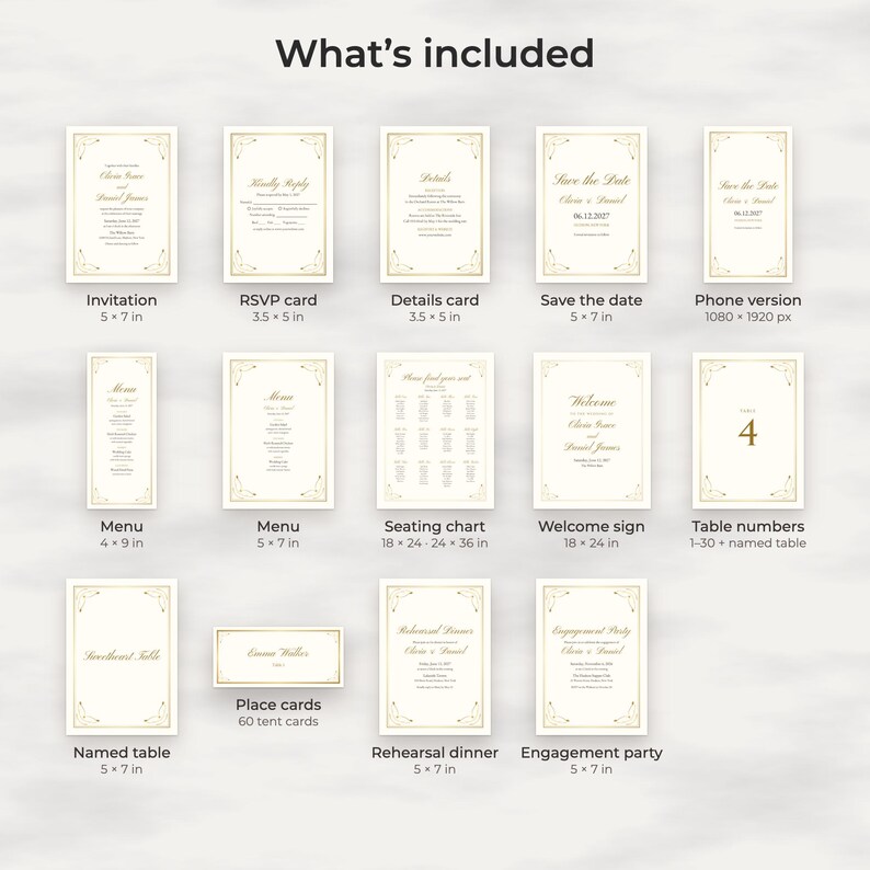 Paquete de plantillas clásicas doradas para bodas, invitación editable, menú, plano de mesas, letreros imagen 2