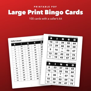 Large Print Bingo Printable for Seniors, 100 Cards with Caller Board image 1