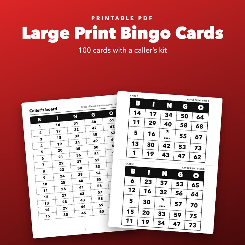 Large Print Bingo Printable for Seniors, 100 Cards with Caller Board image 1