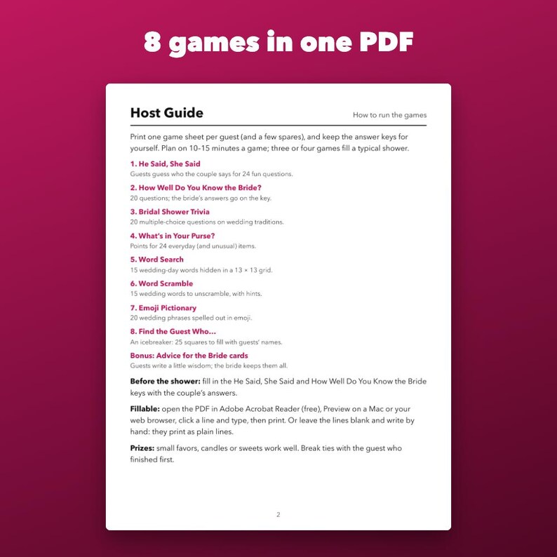 Bridal Shower Games Bundle Printable, 8 in 1 with Answer Keys and Fillable Names image 2