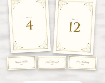 Klassieke gouden tafelnummers 1-30 en naamkaartjes voor je bruiloft, bewerkbaar PDF-sjabloon