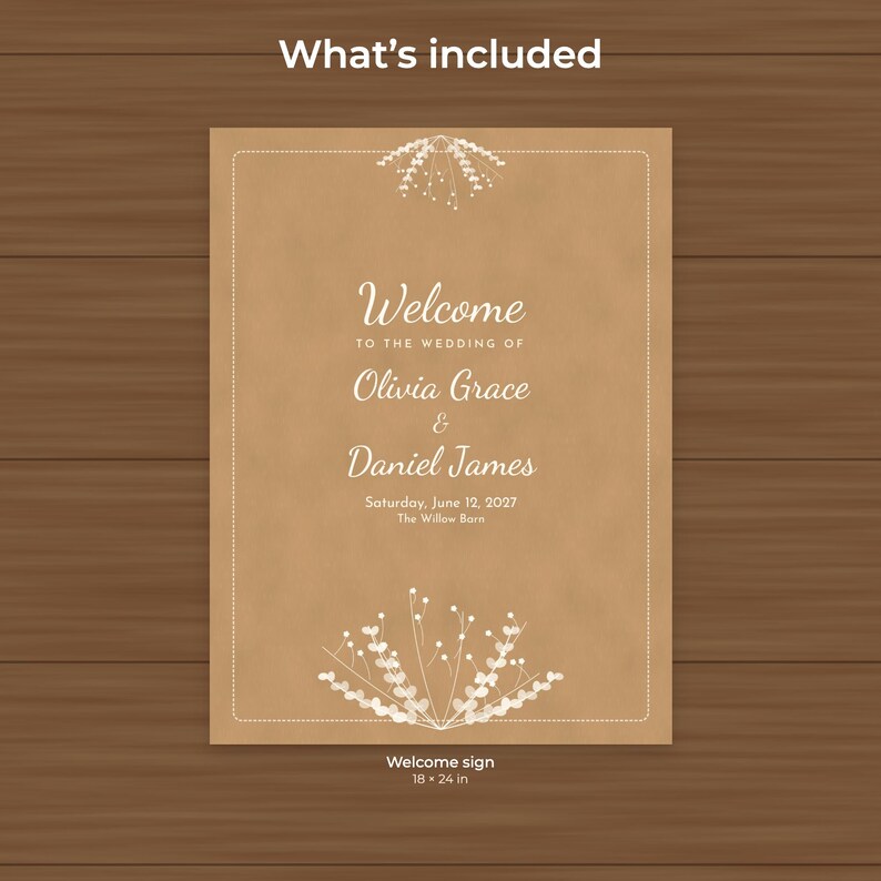 Rustiek kraftpapier welkomstbord voor bruiloft, bewerkbaar PDF-poster (18x24 inch) afbeelding 2