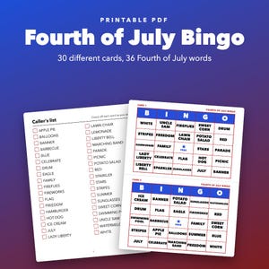 Fourth of July Bingo Printable for Family Parties, 30 Different Cards afbeelding 1