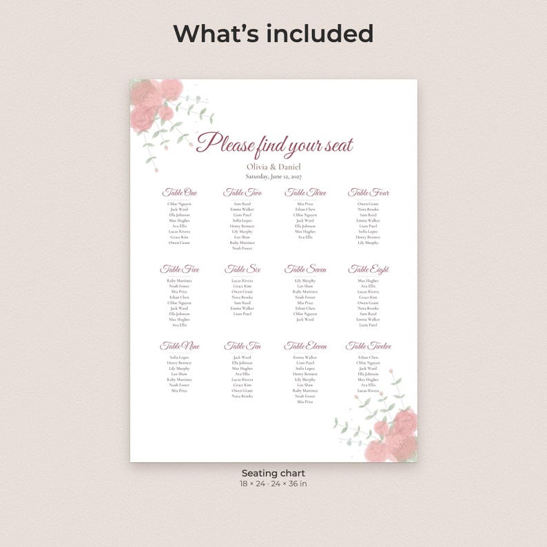 Vorlage für einen Sitzplan mit Aquarellblumenmuster für Hochzeiten, bearbeitbar, 18x24 und 24x36 Zoll Bild 2