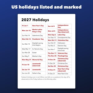 2027 Large Print Calendar Printable, Monthly with US Holidays and Big Dates image 4