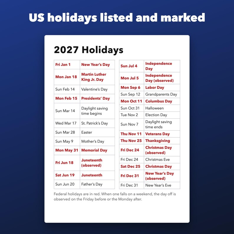2027 Large Print Calendar Printable, Monthly with US Holidays and Big Dates image 4