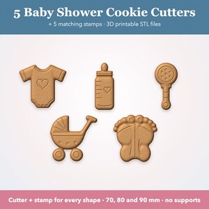 Baby Shower Cookie Cutter STL Set of 5 with Stamps, Bodysuit, Bottle, Rattle, Stroller