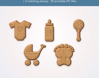 Babyparty-Ausstechformen-Set (STL), 5 Ausstechformen + passende Stempel, 3D-druckbarer Babybody, Flasche, Rassel, Kinderwagen, Fußabdrücke