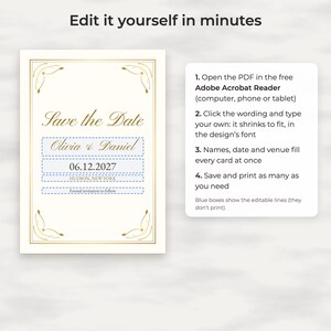 Klassieke gouden Save the Date-sjabloon, bewerkbare PDF-kaart en telefoonafbeelding afbeelding 3