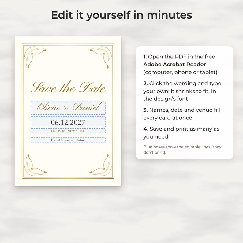 Klassieke gouden Save the Date-sjabloon, bewerkbare PDF-kaart en telefoonafbeelding afbeelding 3