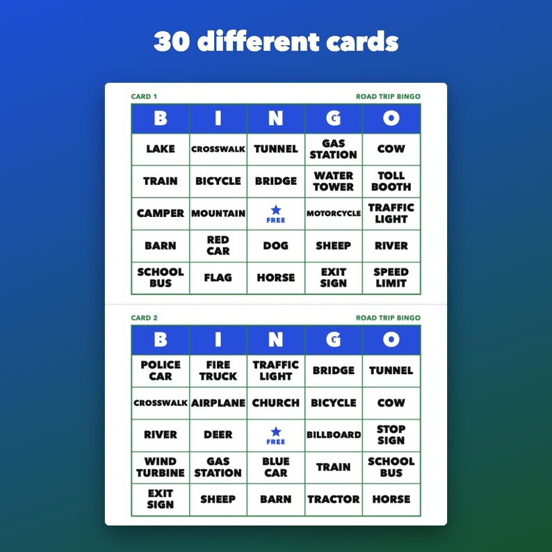 Road Trip Bingo Printable Car Game for Kids, 30 Different Cards zdjęcie 2
