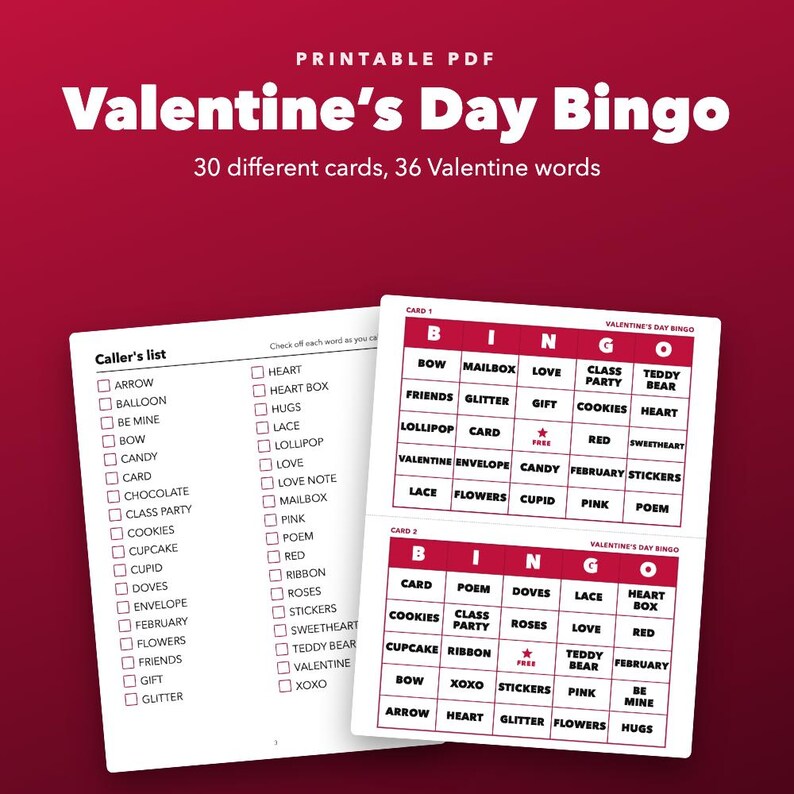 Bingo imprimible de San Valentín para niños y fiestas escolares, 30 tarjetas. imagen 1