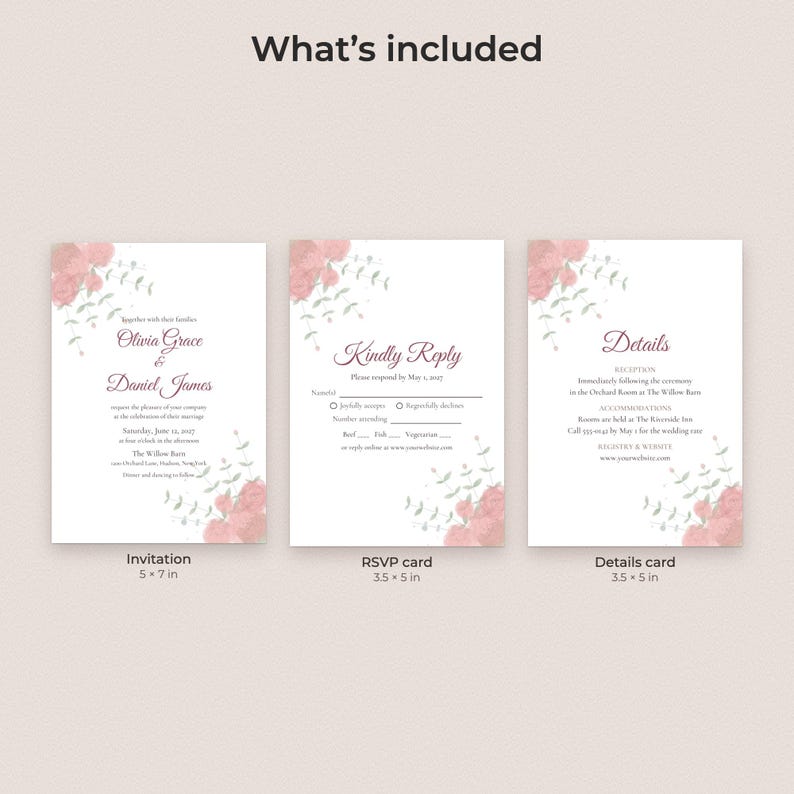 Watercolor Floral Wedding Invitation Suite Template, Editable Reply and Details Cards image 2