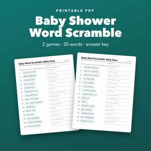 Baby Shower Word Scramble Game Printable, 30 Puzzles with Hints and Answer Key image 1