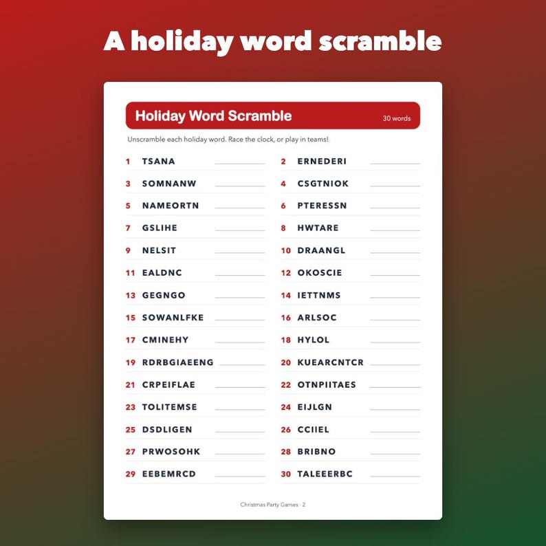 Christmas Party Games Printable for Family and Office, Trivia and Word Scramble image 2