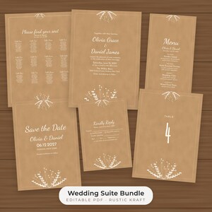 Rustikales Kraftpapier-Hochzeitsvorlagen-Set: Bearbeitbare Einladung, Menü, Sitzplan, Schilder Bild 1