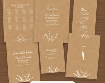 Pakket met rustieke kraftpapieren trouwsjabloon, bewerkbare uitnodiging, menu, tafelindeling en bewegwijzering.