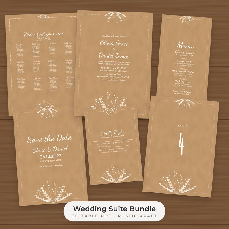 Rustikales Kraftpapier-Hochzeitsvorlagen-Set: Bearbeitbare Einladung, Menü, Sitzplan, Schilder Bild 1