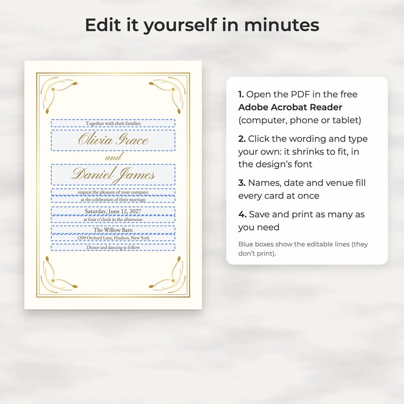 Paquete de plantillas clásicas doradas para bodas, invitación editable, menú, plano de mesas, letreros imagen 3