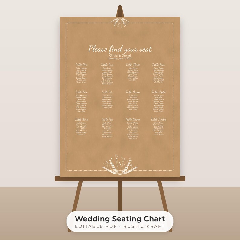 Rustic Kraft Wedding Seating Chart Template, Editable 18x24 and 24x36 Sign image 1