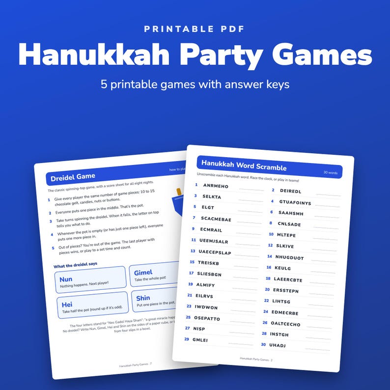 Hanukkah Party Games Printable for Family, Trivia, Dreidel Score Sheet and Word Scramble image 1