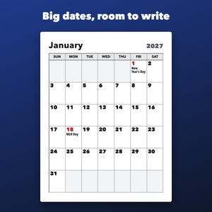 2027 Large Print Calendar Printable, Monthly with US Holidays and Big Dates image 2
