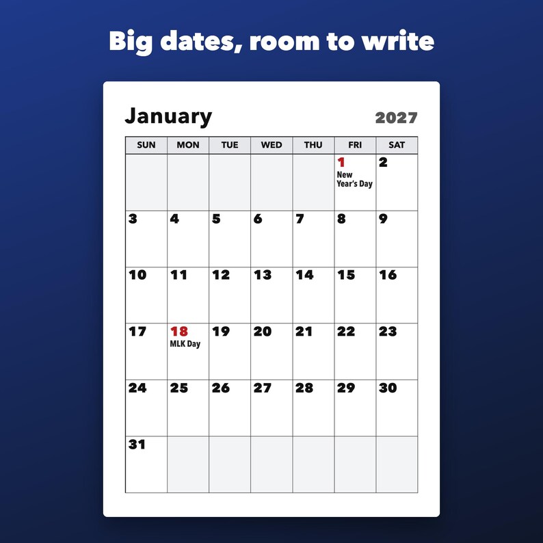 2027 Large Print Calendar Printable, Monthly with US Holidays and Big Dates image 2