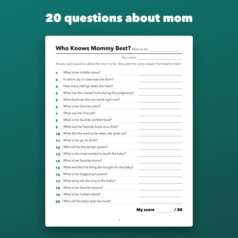 Who Knows Mommy Best Baby Shower Game Printable, Fillable Mom to Be Quiz image 2