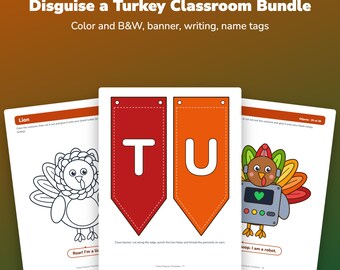 Klassenzimmer-Paket „Truthahn verkleiden“, 36 Kostüme, Pinnwandbanner, Schreibanregungen