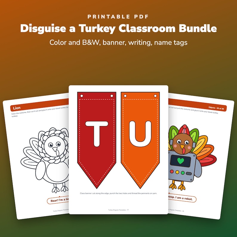 Turkey Disguise Classroom Bundle, 36 Costumes in Color and B&W, Bulletin Board Banner image 1