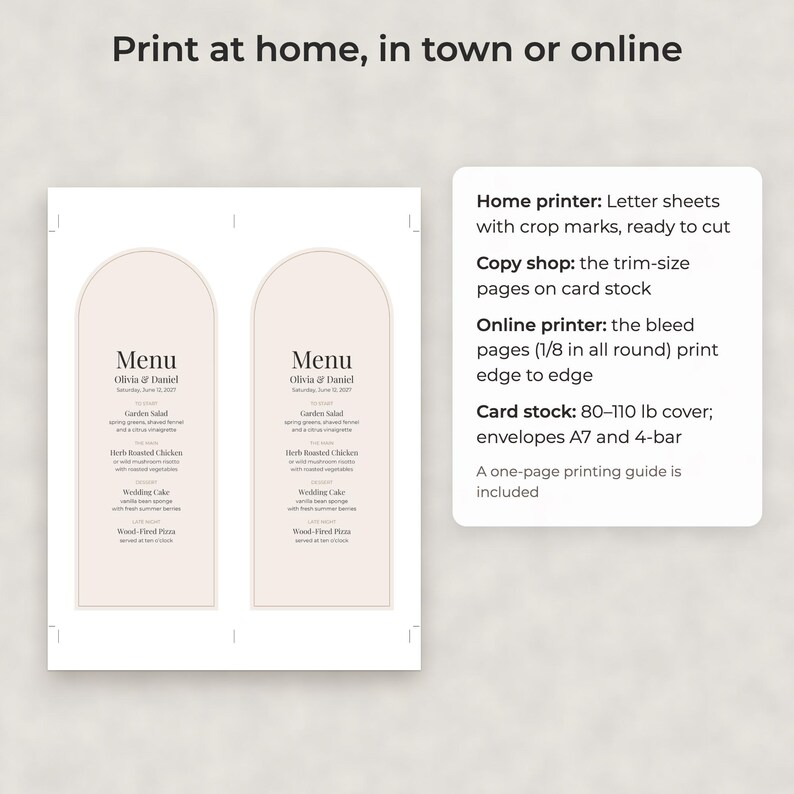 Moderne, minimalistische Hochzeitsmenü-Vorlage, bearbeitbares PDF in den Formaten 4x9 und 5x7 Bild 4