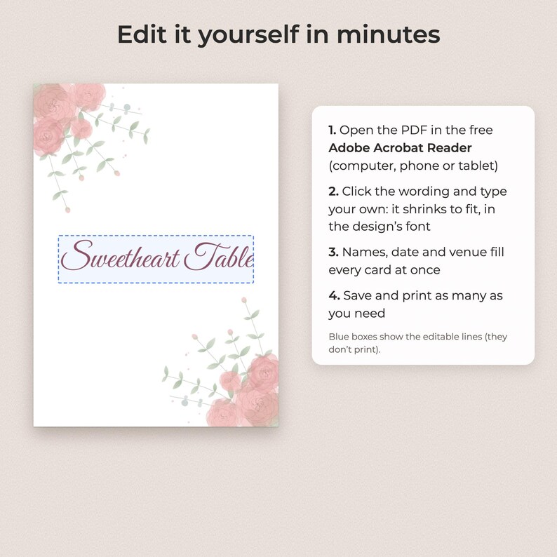 Watercolor Floral Wedding Table Numbers 1-30 and Place Cards, Editable PDF Template image 3