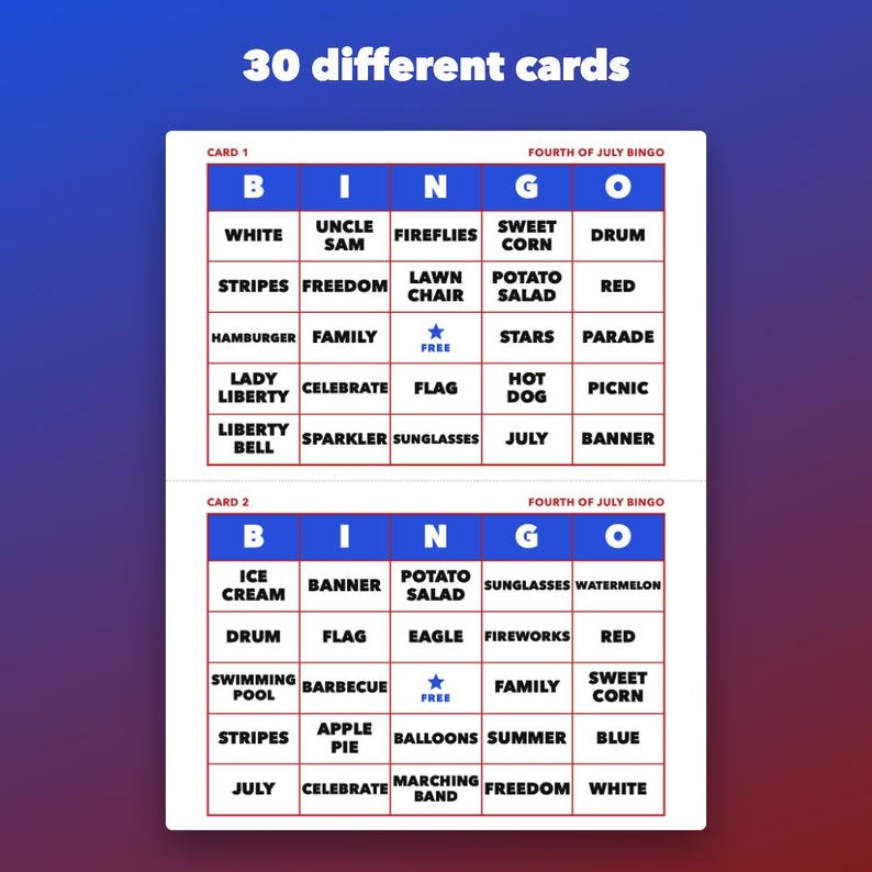 Fourth of July Bingo Printable for Family Parties, 30 Different Cards afbeelding 2
