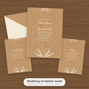 Modello di invito di nozze rustico in carta kraft, con biglietti di risposta e dettagli modificabili. immagine 1